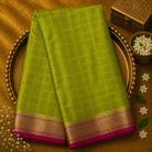 Green Pure Mysore Crepe Silk Saree with Zari Checks, Pink-Gold Border & Blouse