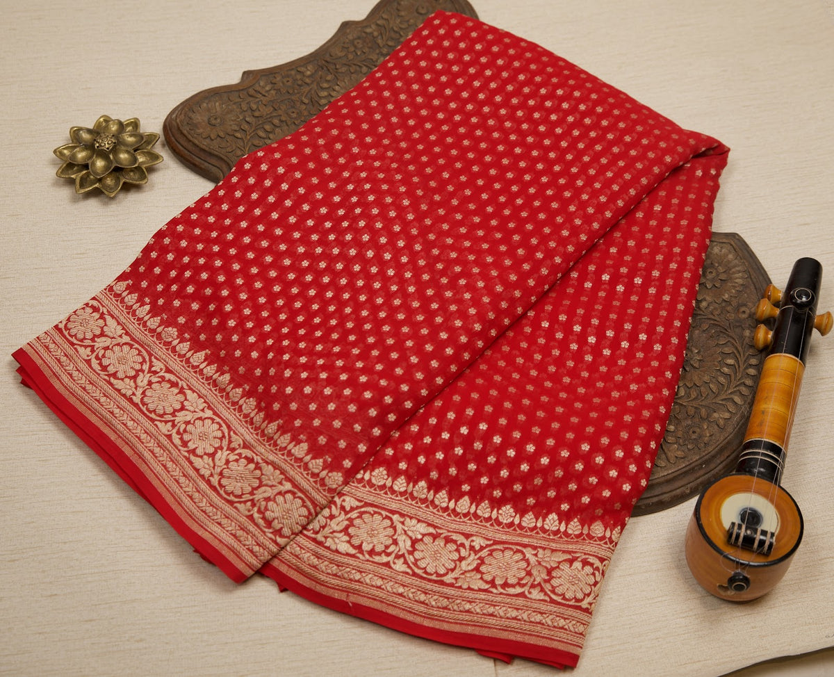 Bright Red Banarasi Georgette Saree with Dense Zari Buttas & Floral Zari Border