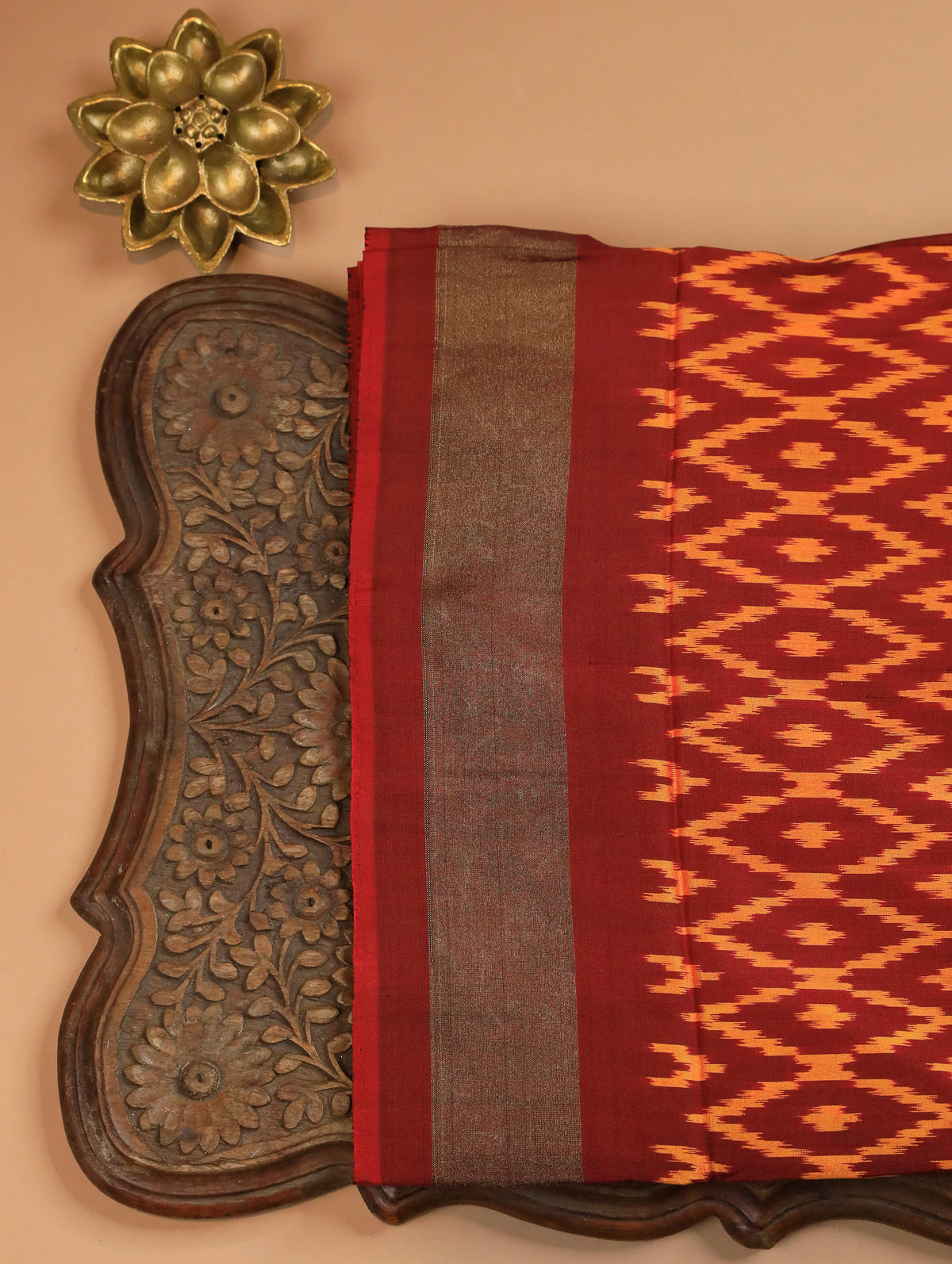 Yellow-Orange Pure Ikat Silk Saree with Maroon Ikat Border
