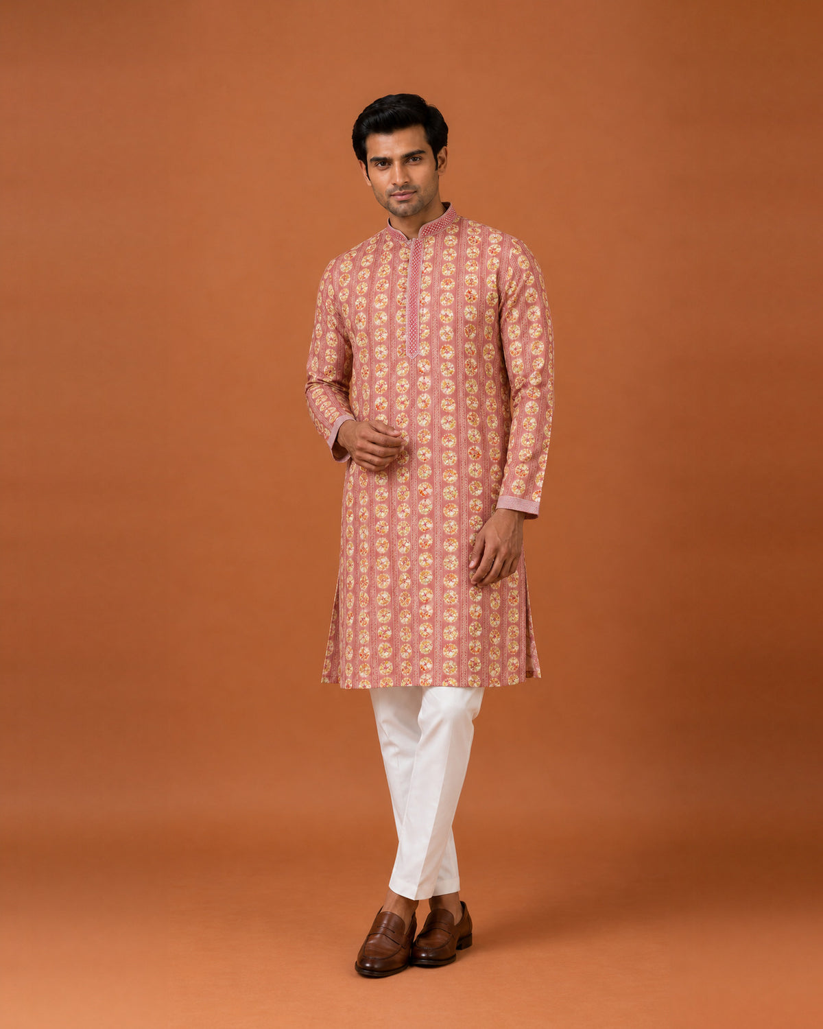 Peach Rayon Cotton Printed Kurta with White Pants
