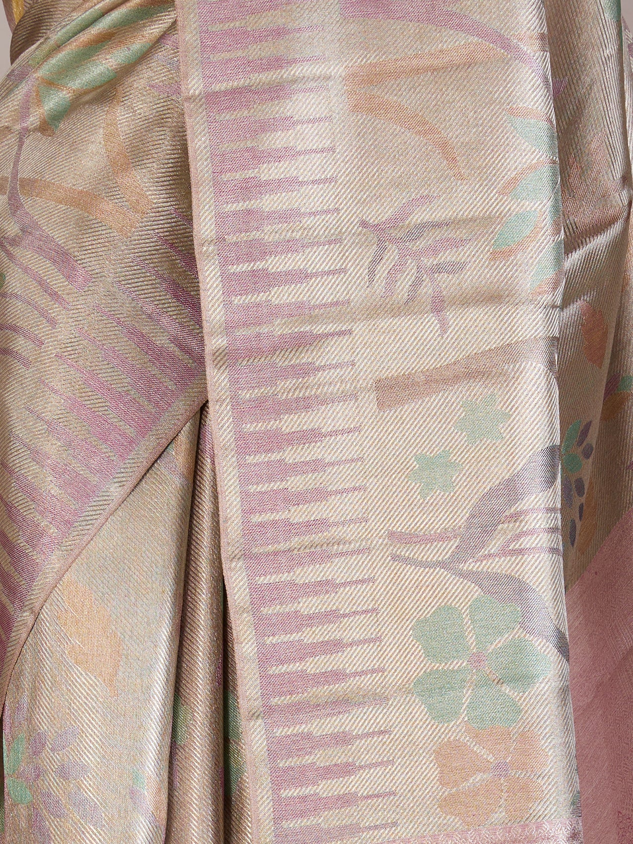 Golden Pure Kanjeevaram Tissue Saree with Floral Weave & Pink Border - detail
