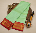 Light Green Pure Handloom Kanjeevaram Silk Saree with Zari Checks & Pink-Orange Dual-Tone Border