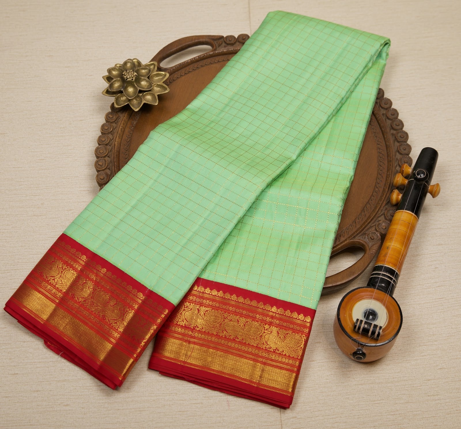 Light Green Pure Handloom Kanjeevaram Silk Saree with Zari Checks & Pink-Orange Dual-Tone Border
