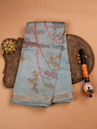 Dusky Blue Pure Organza Tissue Silk Saree with Floral Print & Zari Border