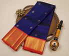 Dark Blue Pure Handloom Kanjeevaram Silk Saree with Zari Buttas & Bright Orange Detailed Border