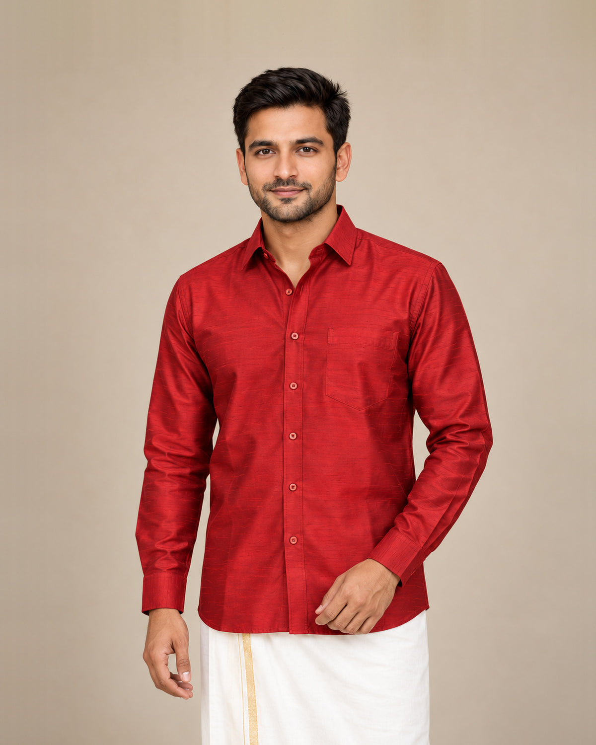 Brick Red Plain Raw Silk Shirt