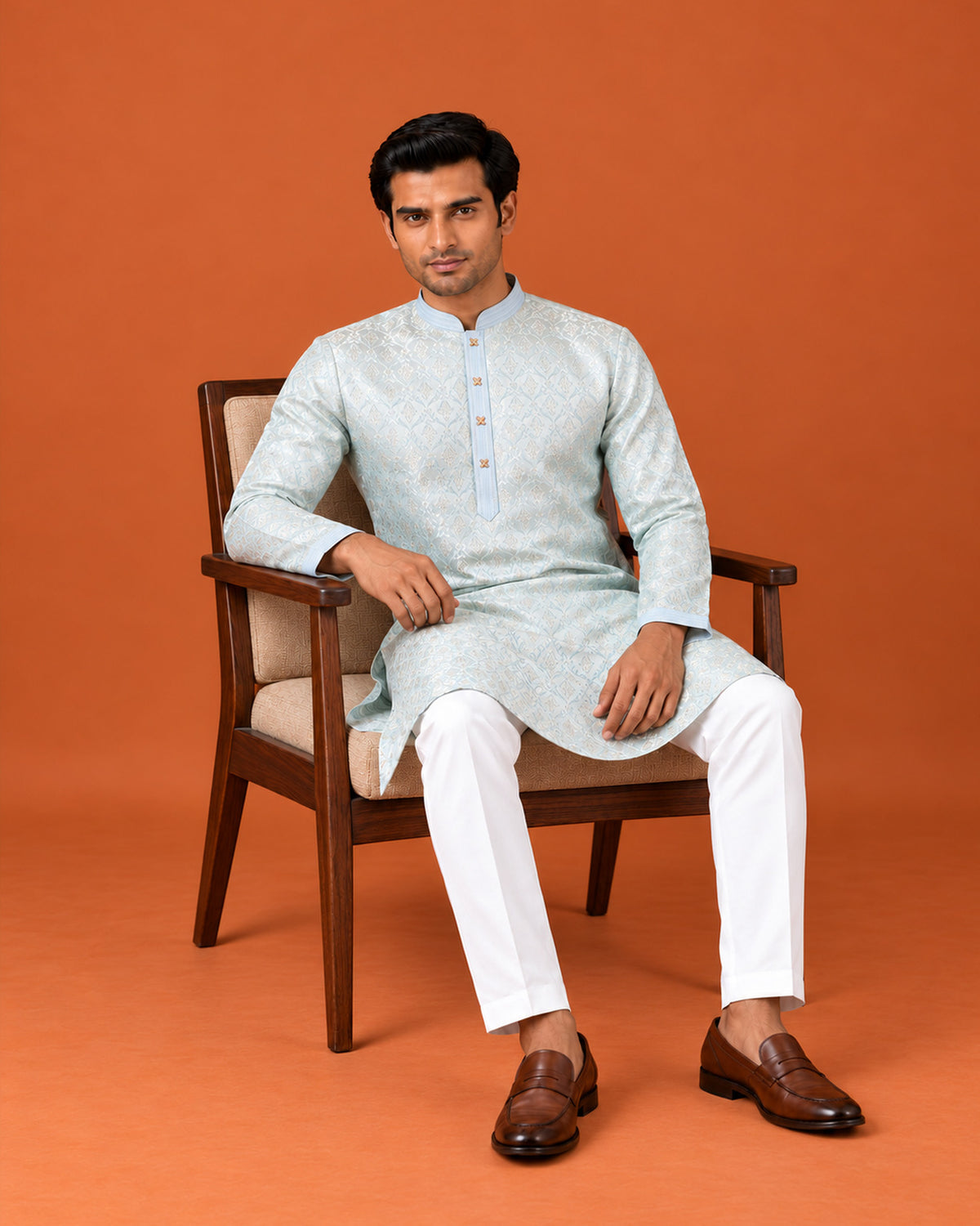 Aqua Blue Silk Self-Weave Kurta with White Pants