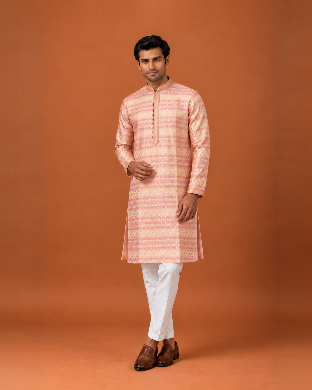 Peach Pink Silk Kurta with Gold Buttas & White Pants