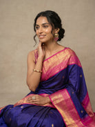 Dark Ink Blue Pure Kanjeevaram Silk Saree with Gold Buttas & Pink Border - detail