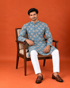 Light Teal Blue Cotton Printed Kurta with White Pants
