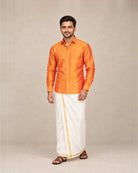 Burnt Mustard Orange Plain Raw Silk Shirt