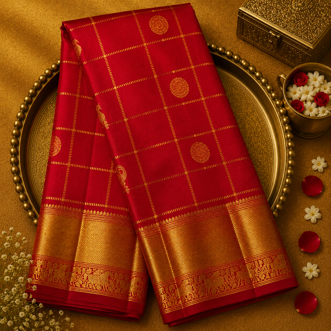 Bright Red Kanjeevaram Silk Saree with Zari Checks-Motifs