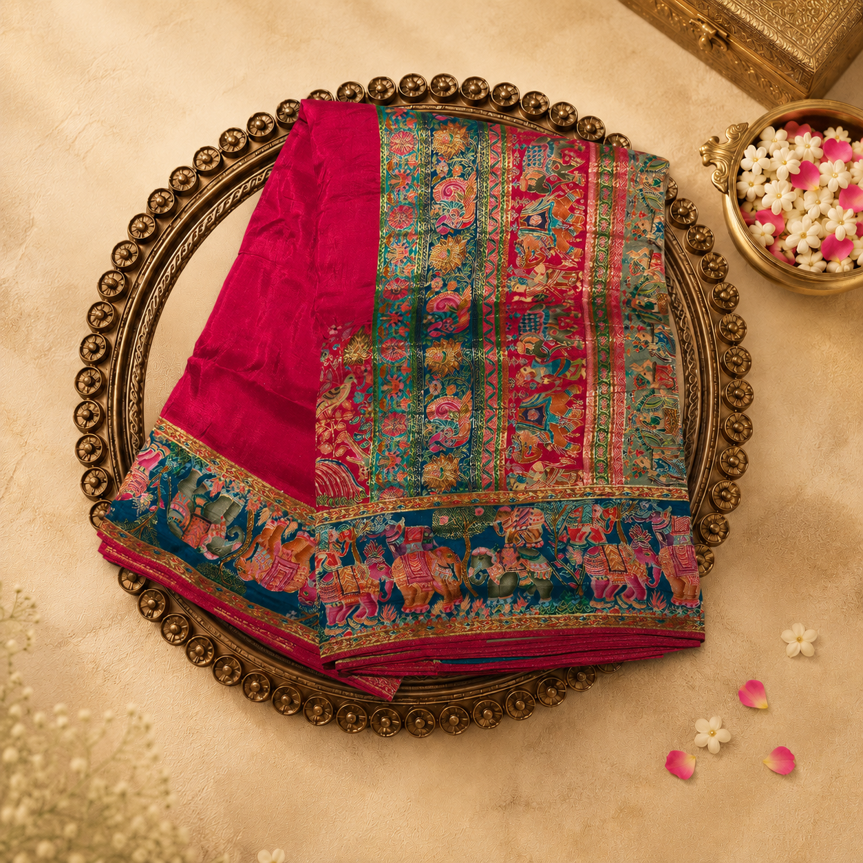 Red Semi Pashmina Silk Saree with Meenakari Elephant Border