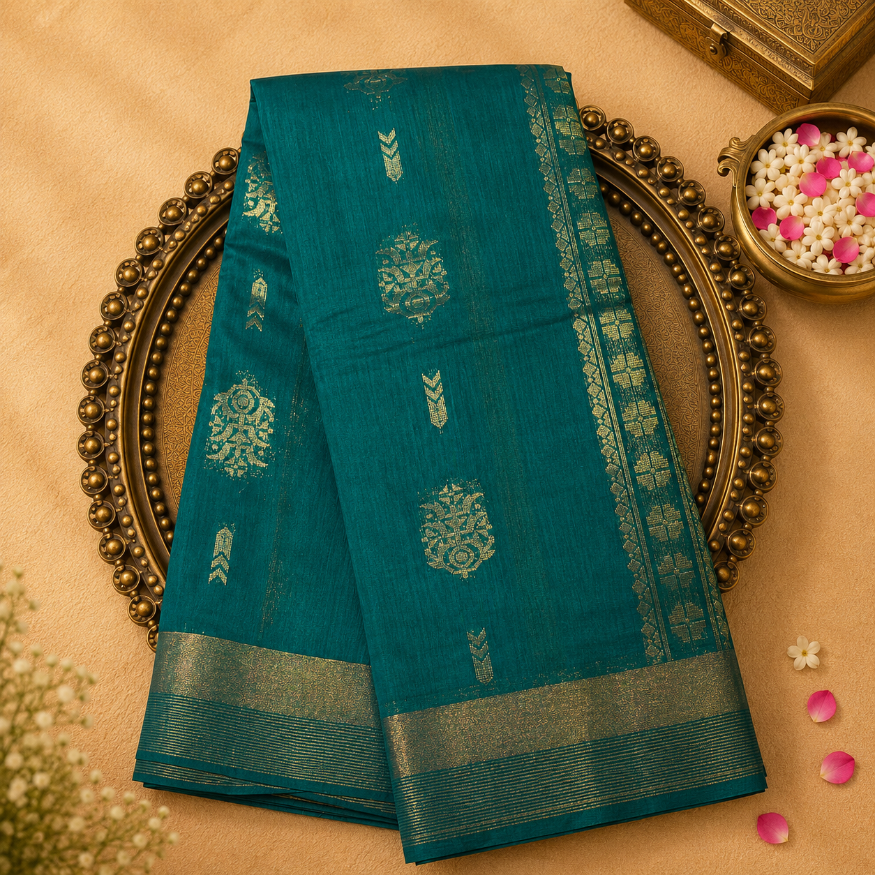 Dark Green Pure Silk Cotton Saree with Gold Zari Motifs