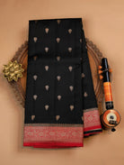 Black Pure Banarasi Matka Silk Saree with Zari Buttas & Red Floral Border