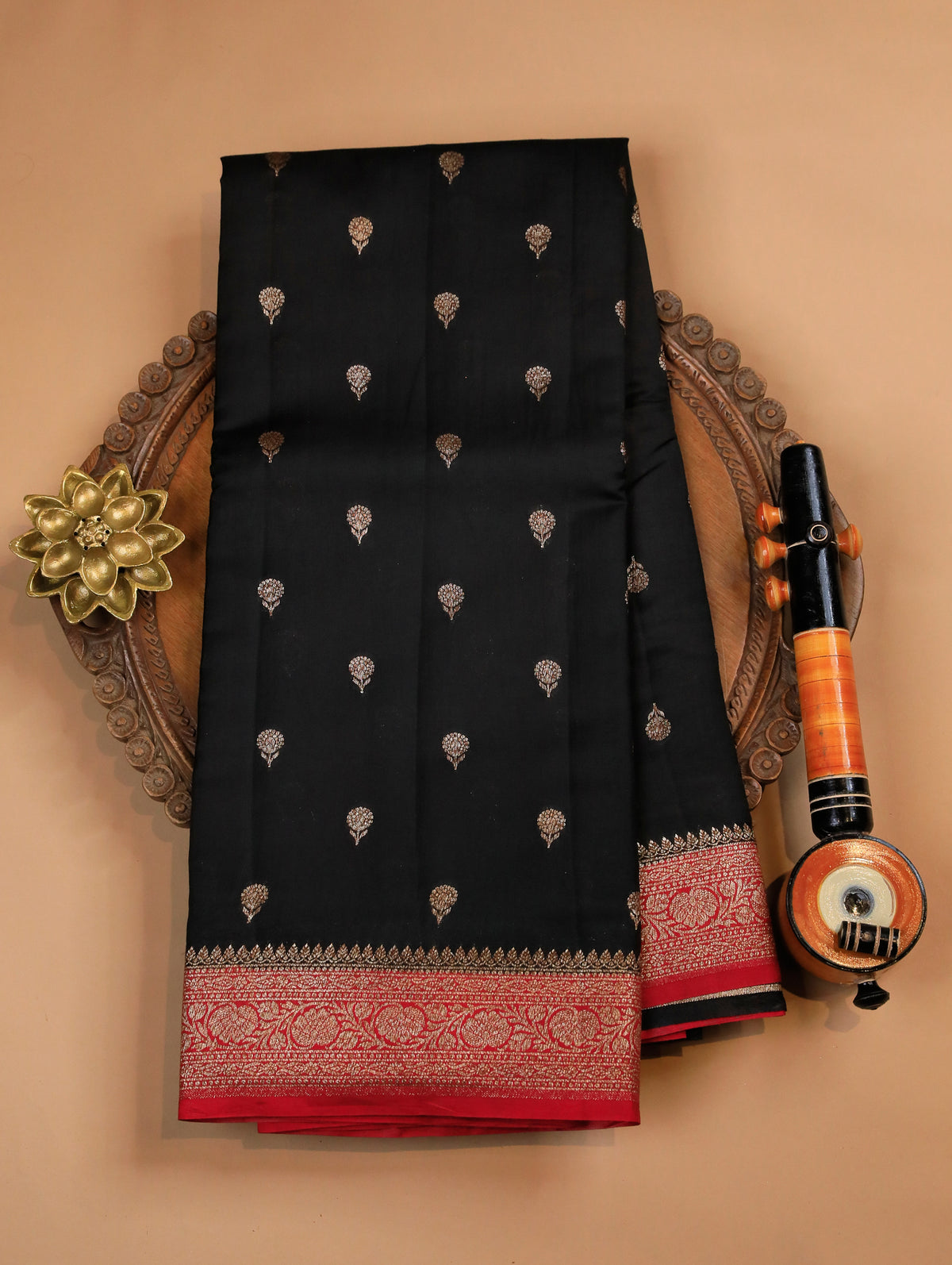 Black Pure Banarasi Matka Silk Saree with Zari Buttas & Red Floral Border