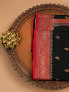 Black Pure Banarasi Matka Silk Saree with Zari Buttas & Red Floral Border