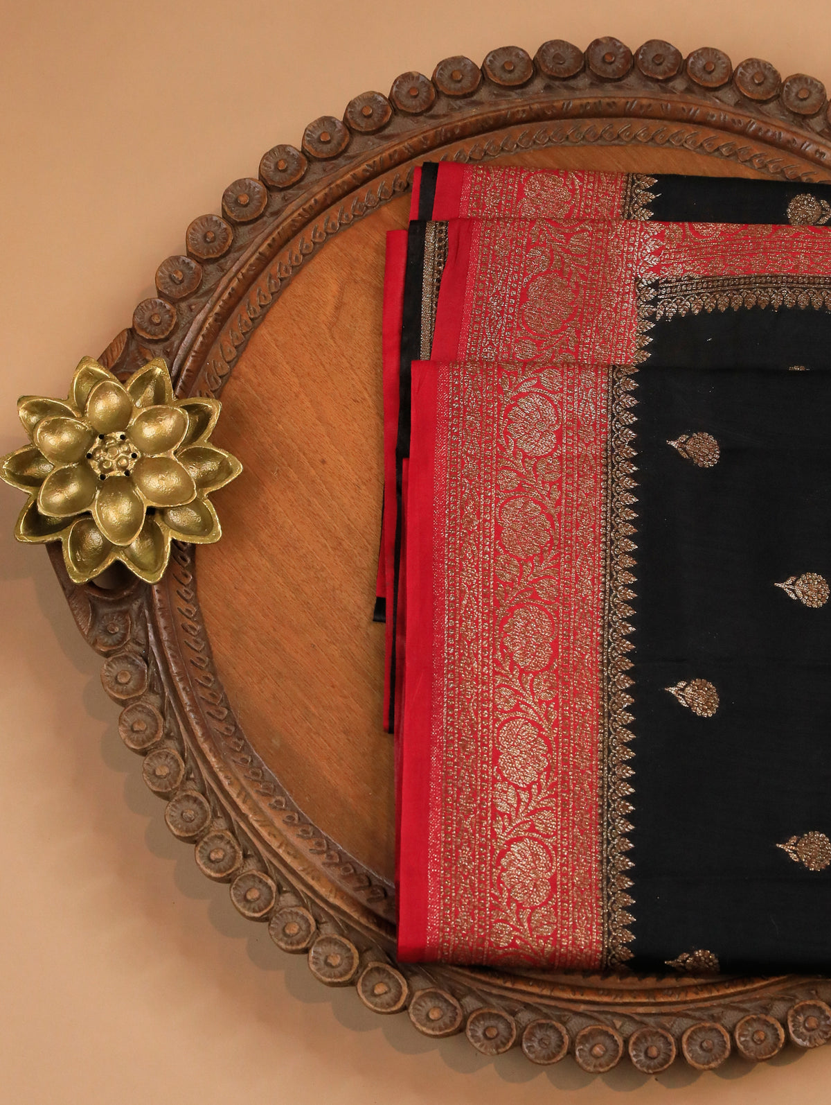 Black Pure Banarasi Matka Silk Saree with Zari Buttas & Red Floral Border