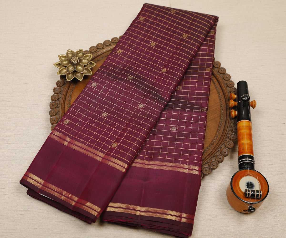 Magenta-Black Dual-Tone Pure Kanjeevaram Silk Saree with Zari Checks, Buttas & Magenta Border