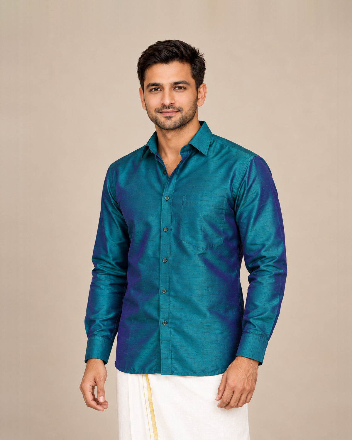 Dark Green Plain Raw Silk Shirt