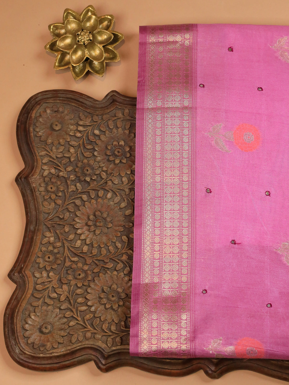 Light Pink Semi Raw Silk Saree with Floral Motifs & Mirror Work