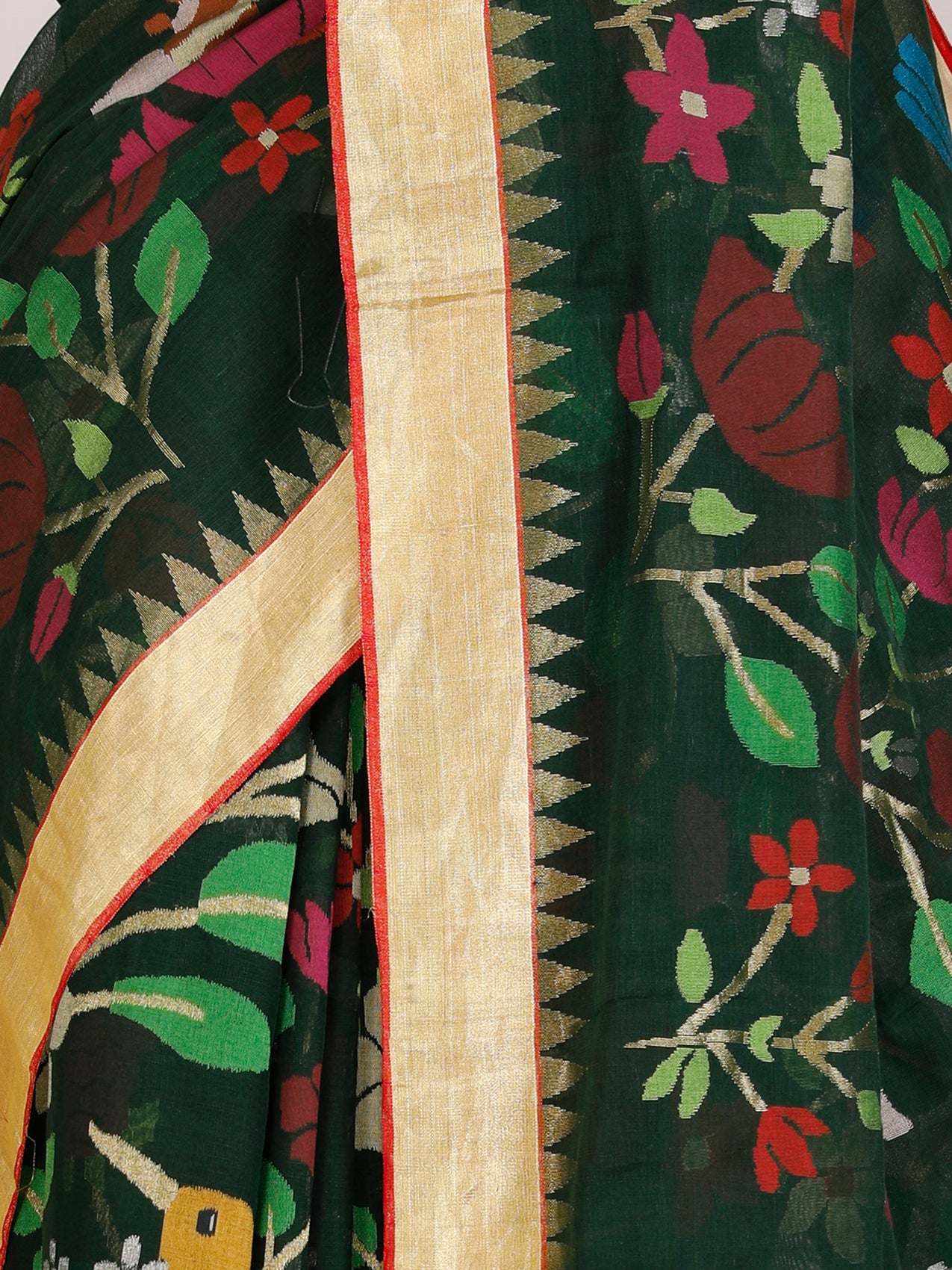 Bottle Green Pure Khaddi Saree with Meenakari Jamdani & Gold Border - detail