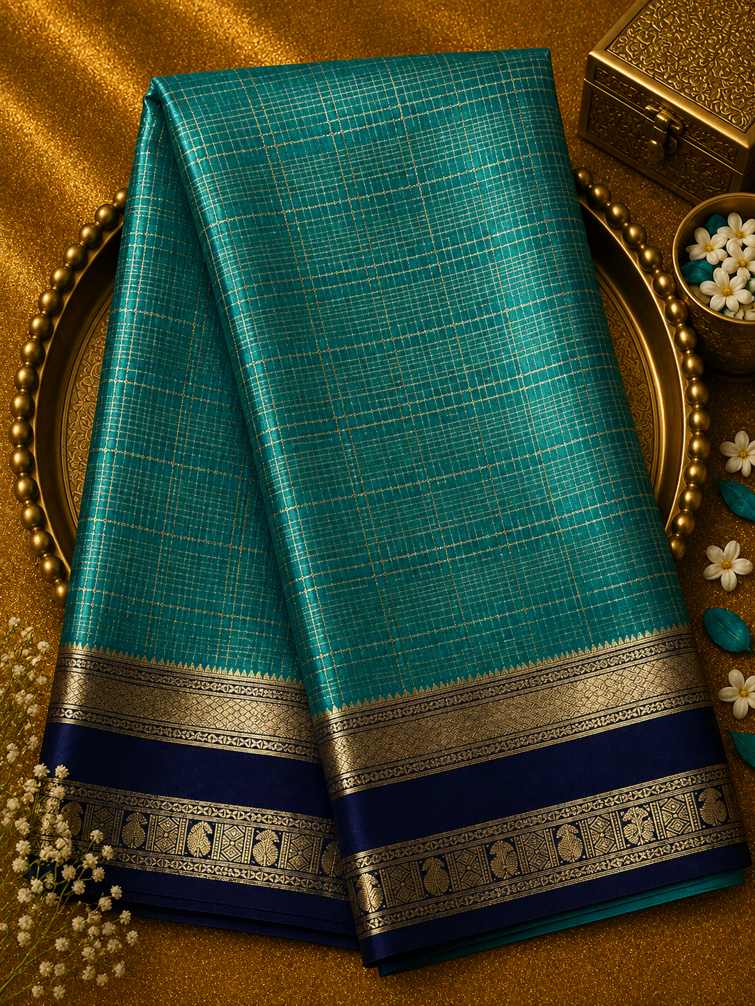 Dark Green Pure Mysore Crepe Silk Saree with Zari Checks