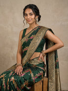 Bottle Green Pure Banarasi Silk Saree with Meenakari Birds & Peacock Border - detail