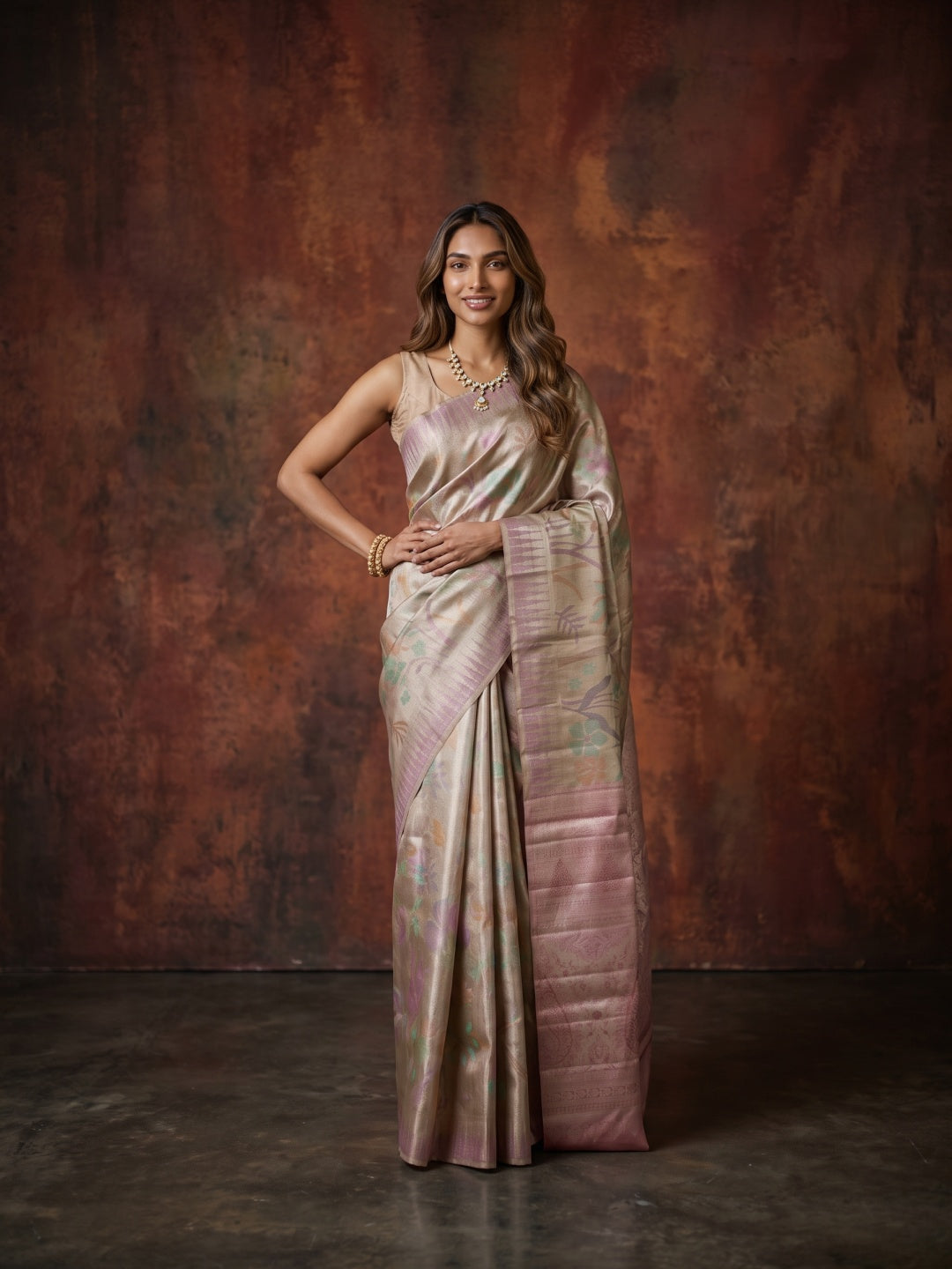 Golden Pure Kanjeevaram Tissue Saree with Floral Weave & Pink Border - detail