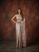 Golden Pure Kanjeevaram Tissue Saree with Floral Weave & Pink Border - detail