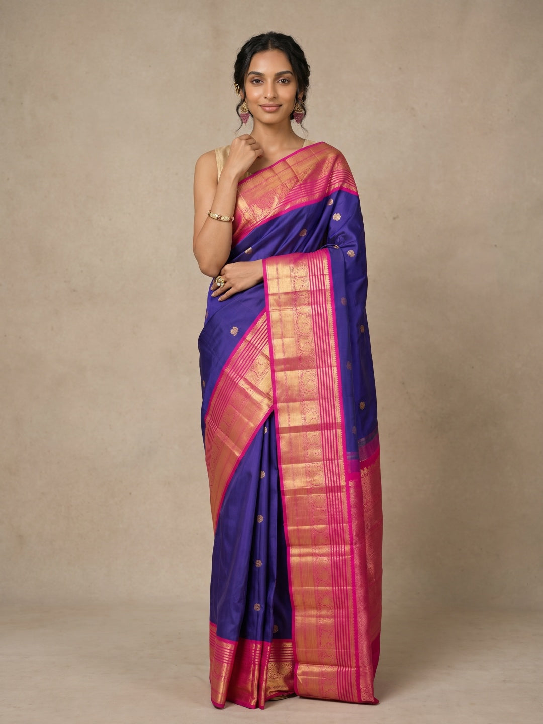 Dark Ink Blue Pure Kanjeevaram Silk Saree with Gold Buttas & Pink Border