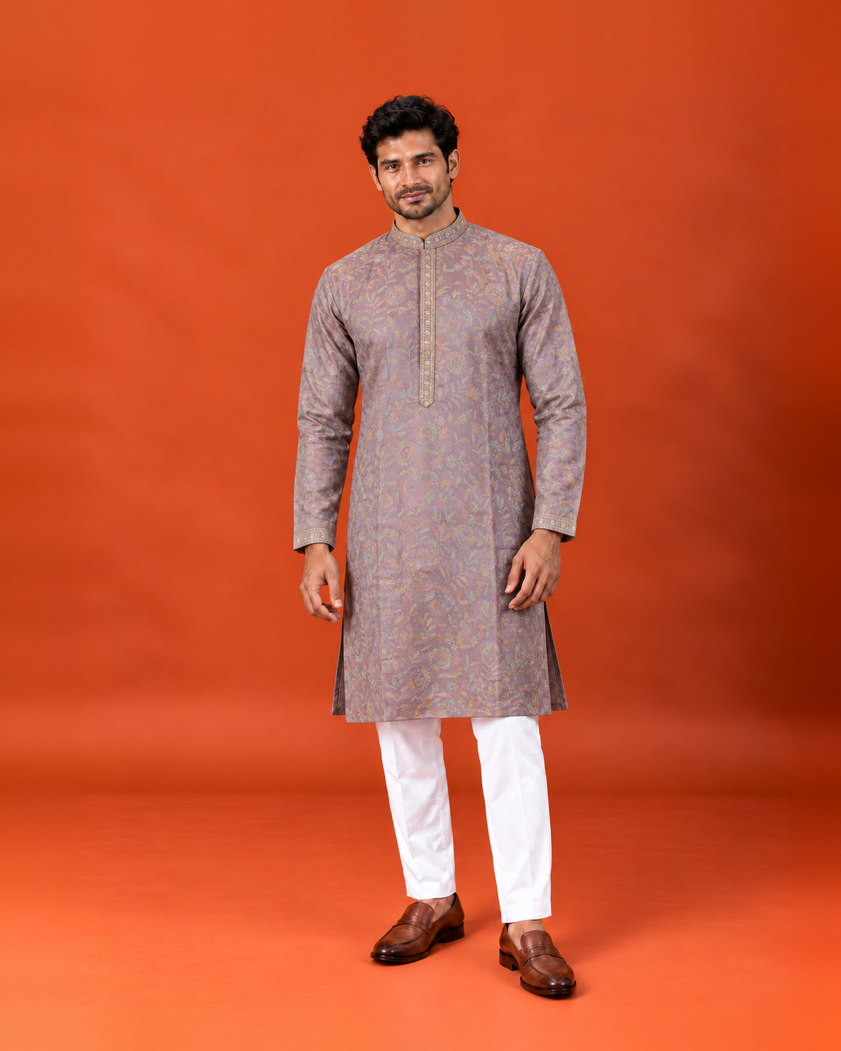 Lavender Silk Multicolour Embroidered Kurta with White Pants