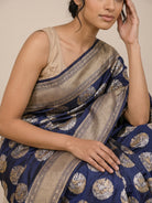 Dark Navy Blue Pure Banarasi Silk Saree with Zari Motifs & Gold Border - detail