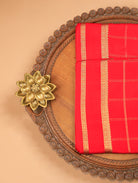 Bright Red Mysore Crepe Silk Saree with Zari Checks & Floral Border