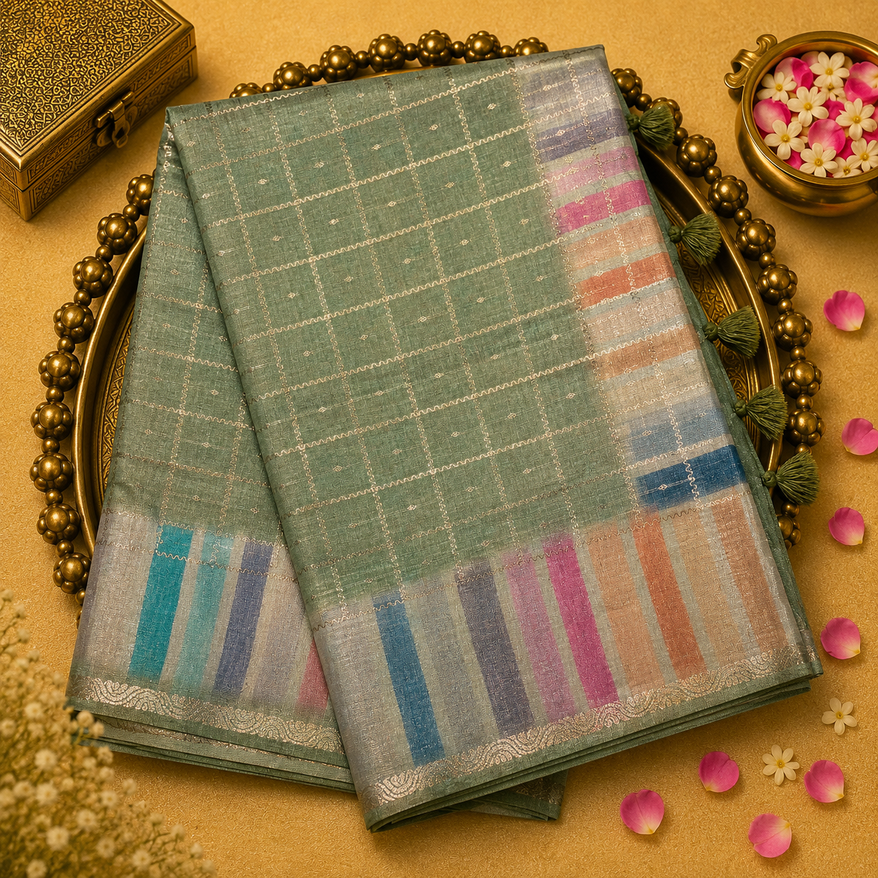 Pastel Green Semi Silk Saree with Gold Zari Checks & Multicolour Border