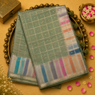 Pastel Green Semi Silk Saree with Gold Zari Checks & Multicolour Border