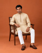 Cream Silk Kurta with Self Weave, Zari Detail & Cream Pants