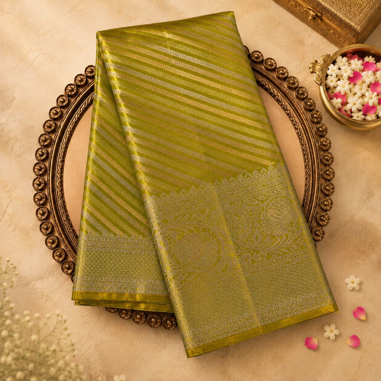 Light Parrot Green Kanchivaram Pure Tissue Silk Saree with Gold & Silver Zari Work
