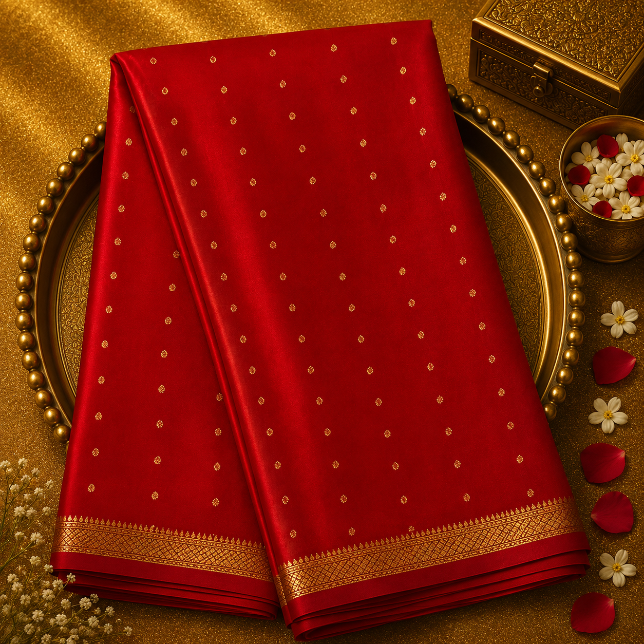 Red Pure Mysore Crepe Silk Saree with Zari Buttas, Gold Border & Red Blouse