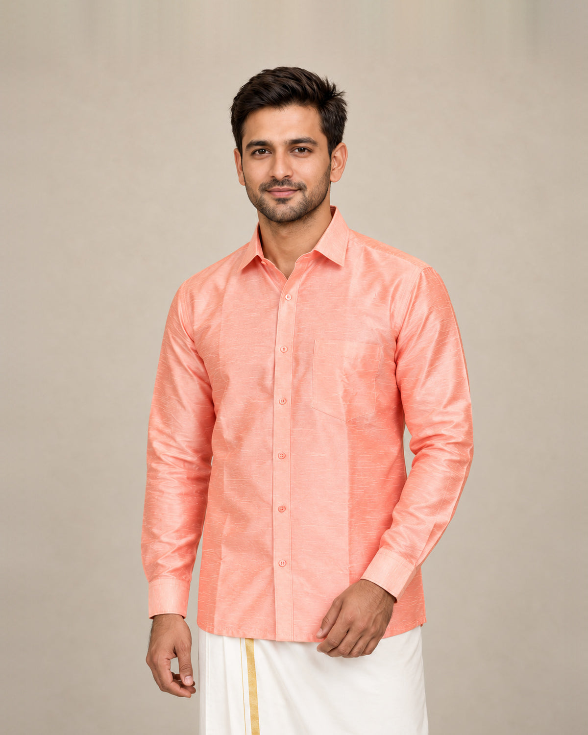 Light Peach Plain Raw Silk Shirt