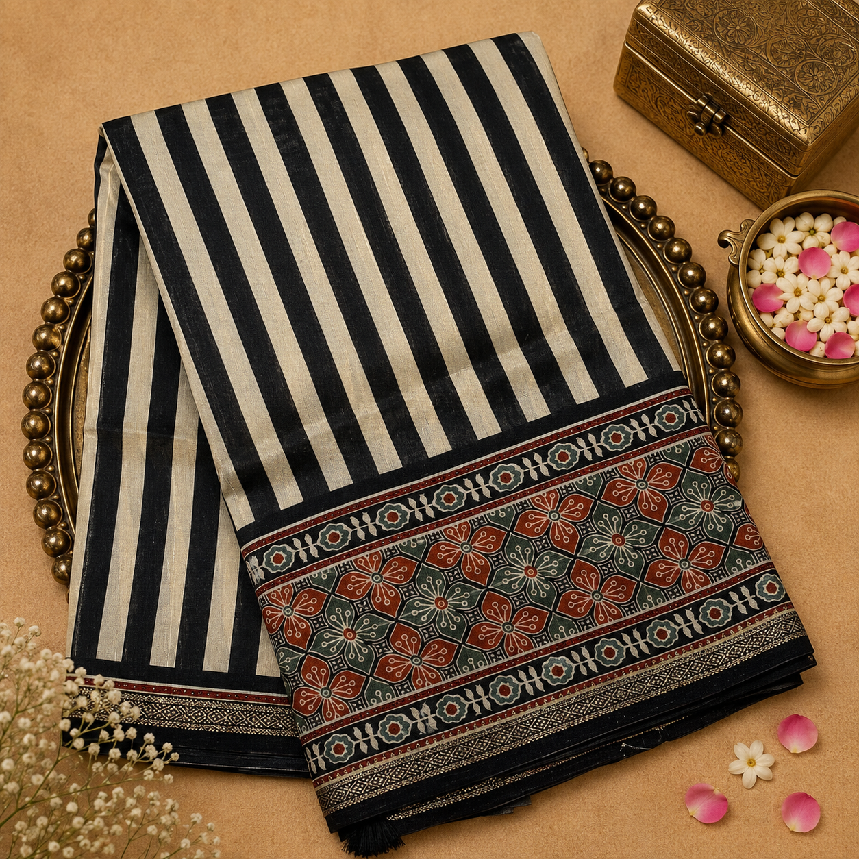Black And White Stripes Semi Crepe Silk Saree with Gold Zari Border