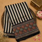Black And White Stripes Semi Crepe Silk Saree with Gold Zari Border
