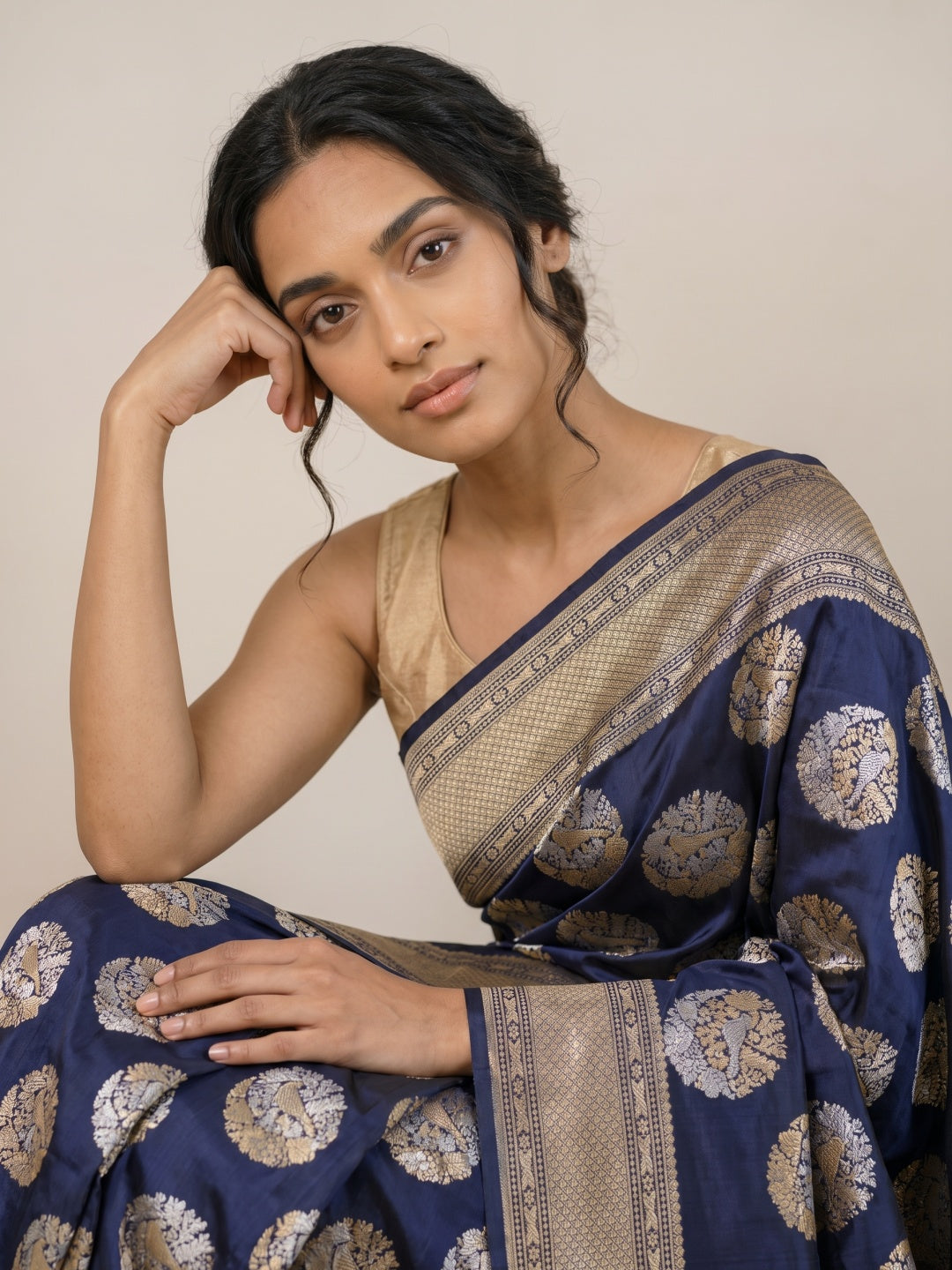 Dark Navy Blue Pure Banarasi Silk Saree with Zari Motifs & Gold Border - detail
