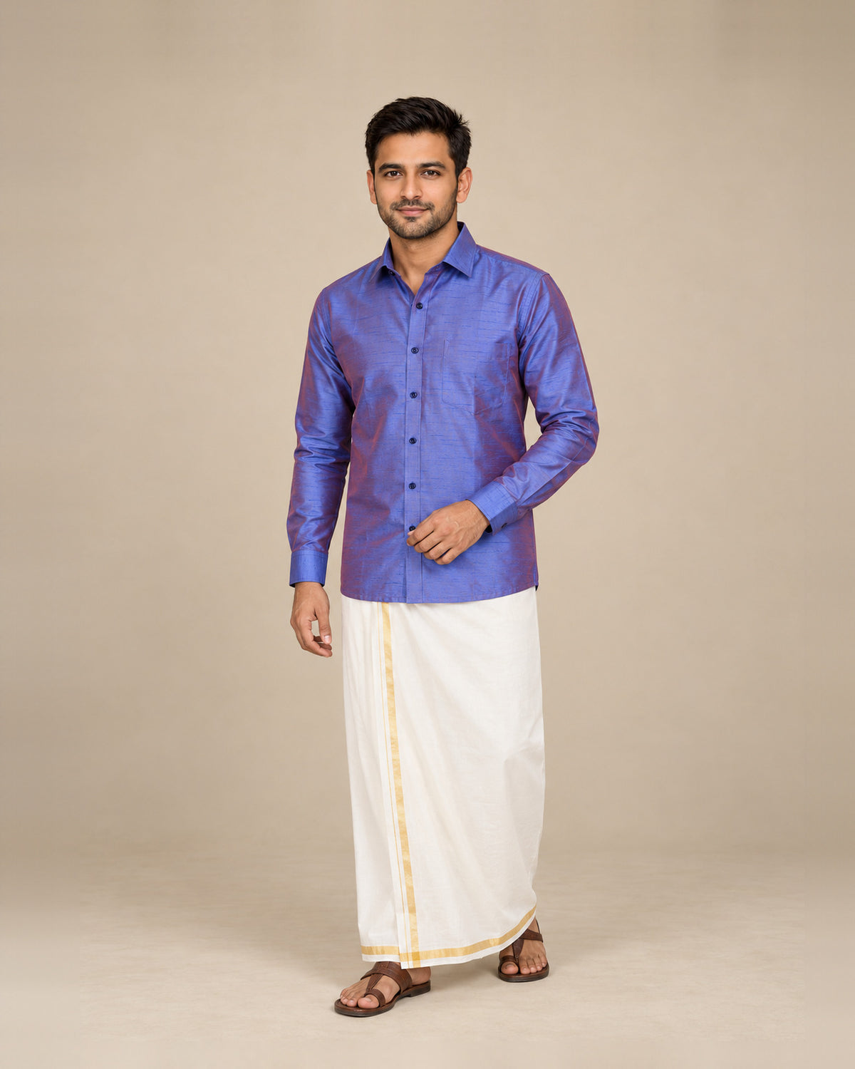 Dark Blue and Purple Dual-Tone Plain Raw Silk Shirt