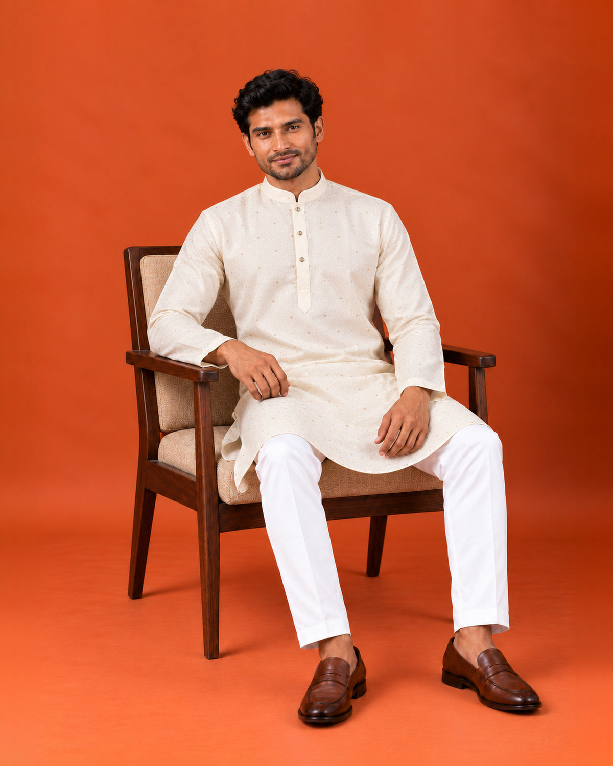 Cream Silk Self-Weave Kurta with Matching Pants