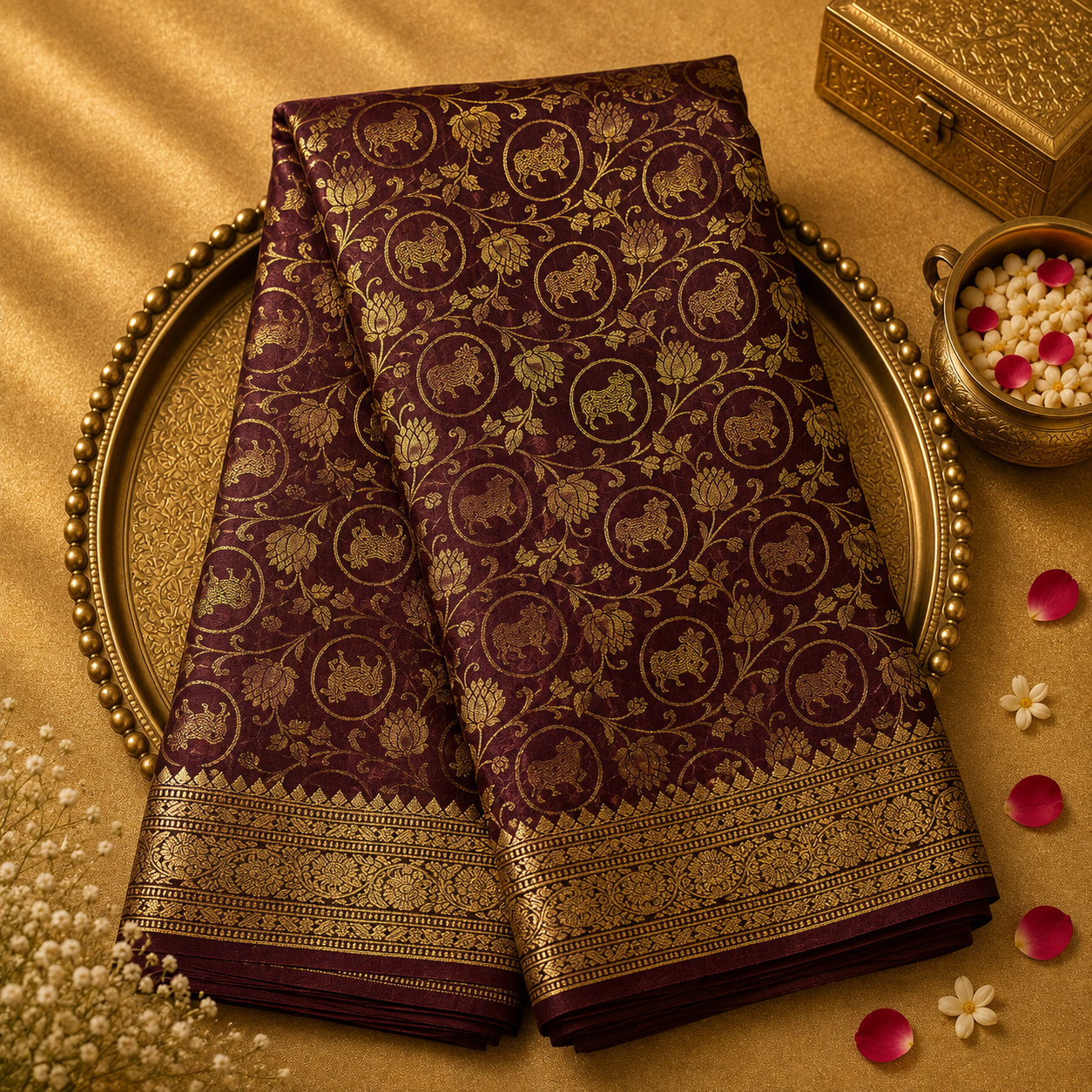 Brown Pure Mysore Crepe Silk Saree with Floral Zari, Gold Border