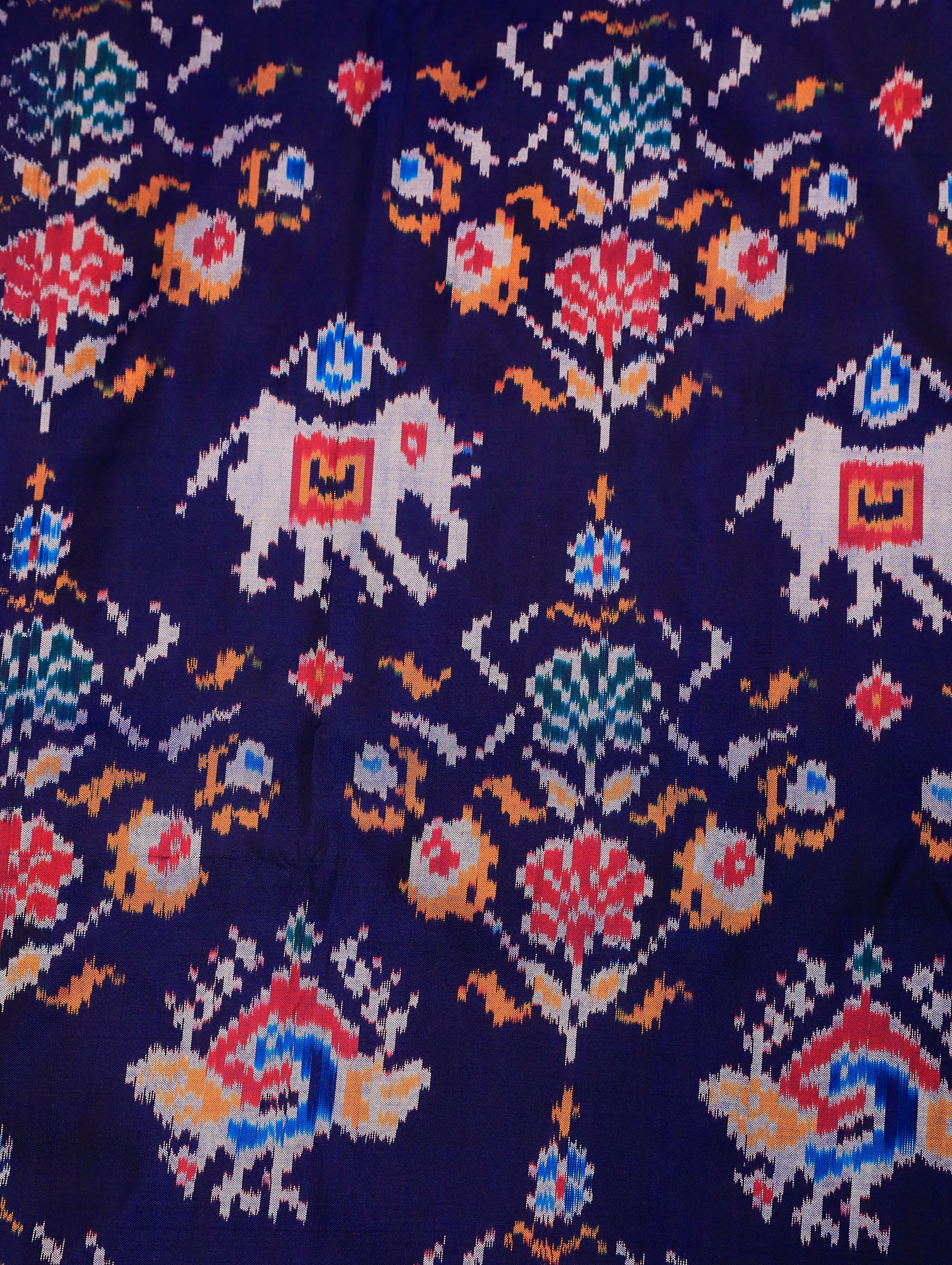 Dark Blue Pure Ikat Silk Saree with Floral Weave & Red Zari Border