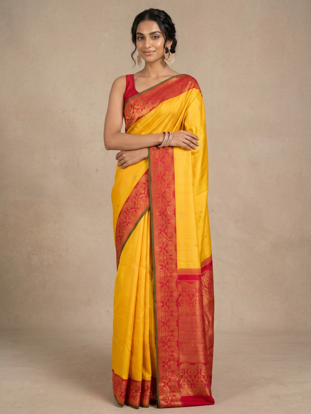 Yellow Pure Kanjeevaram Silk Saree with Gold Zari Motifs & Red Border - detail