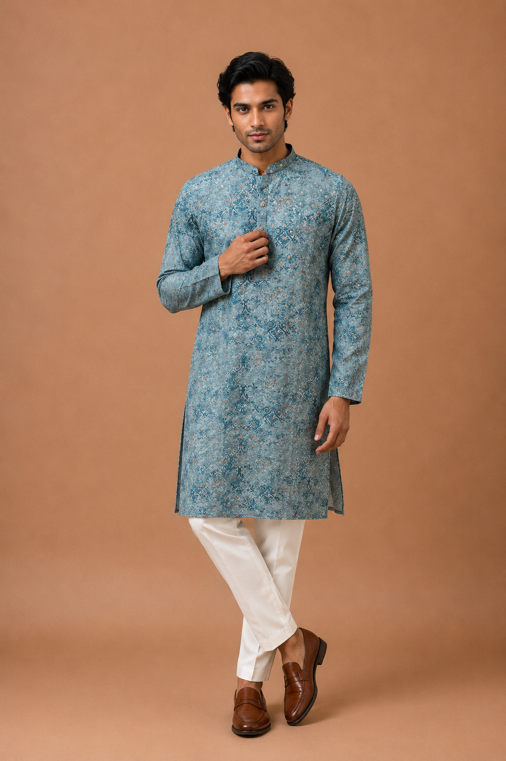 Blue Abstract Print Sequin Rayon Cotton Kurta Set