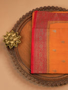 Rust Orange Pure Banarasi Matka Silk Saree with Zari Buttas & Red Floral Border